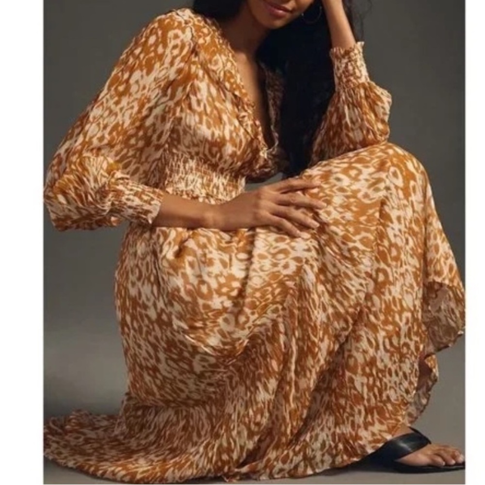 Anthropologie Odetta Maxi Dress Pockets Elastic Waist Ruffles Tiered Skirt Gold - Picture 6 of 16